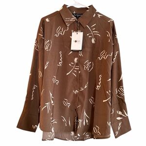 En Saison Anthropologie Brown Abstract Print Long Sleeve Button Up Shirt M NWT